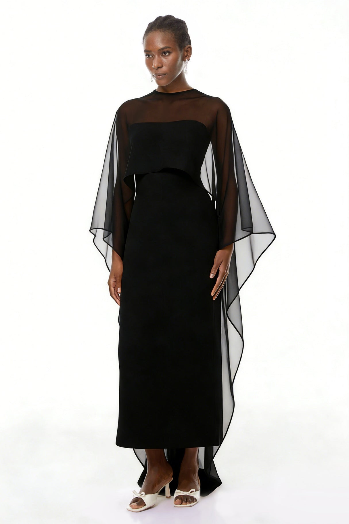 Aurohaya Xiomara Black Cape Design Satin Maxi Dress