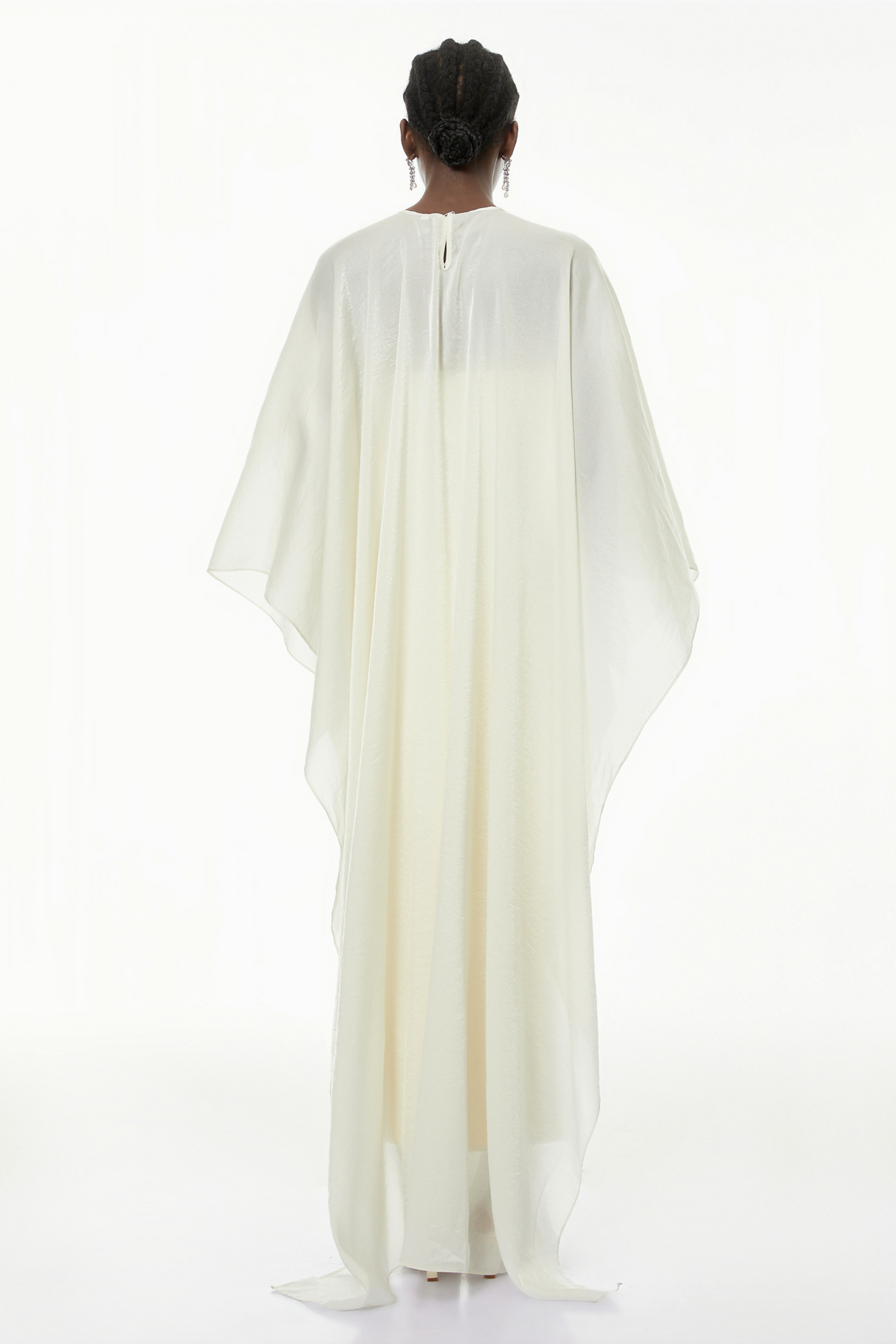 Aurohaya Xiomara White Cape Design Satin Maxi Dress