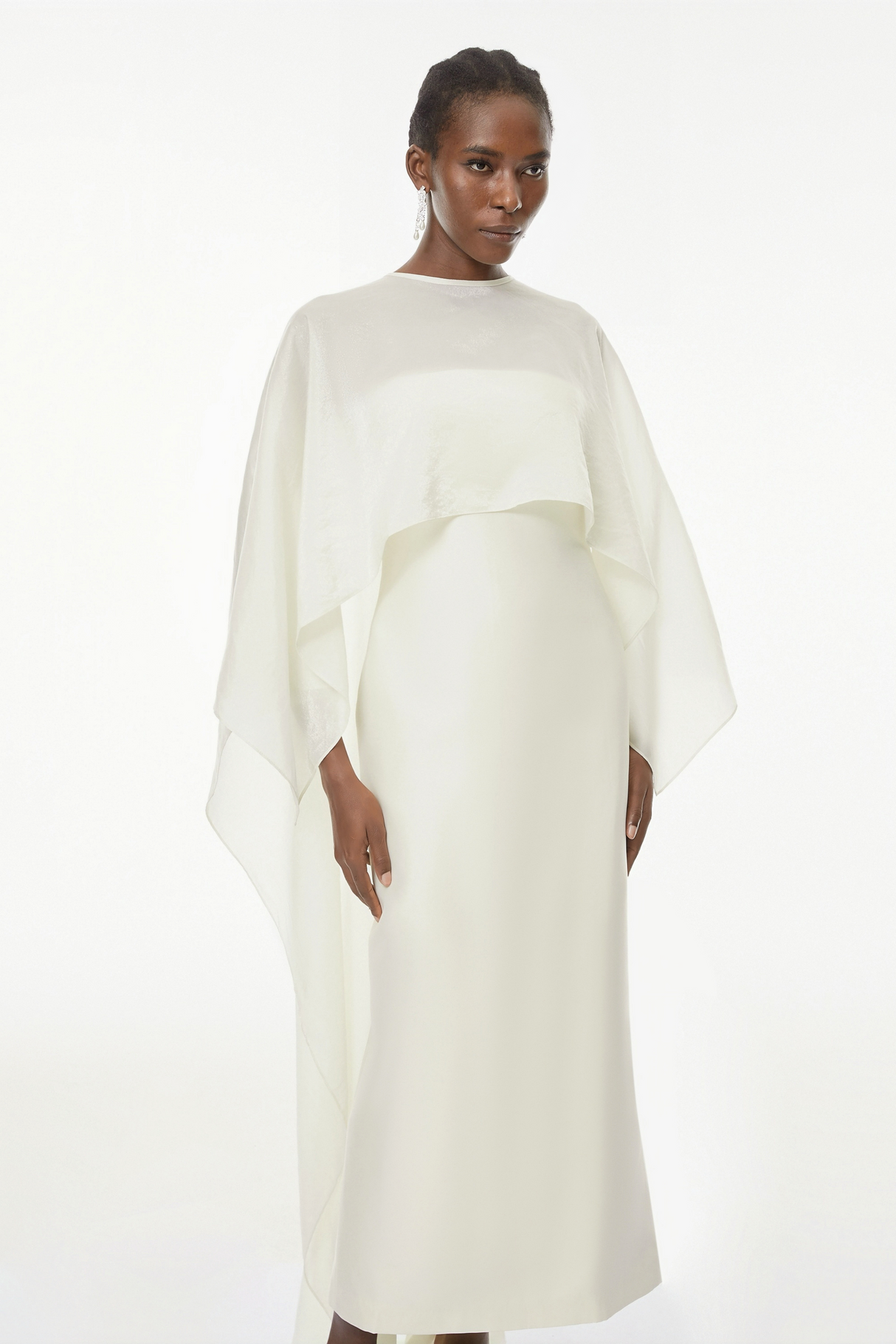 Aurohaya Xiomara White Cape Design Satin Maxi Dress