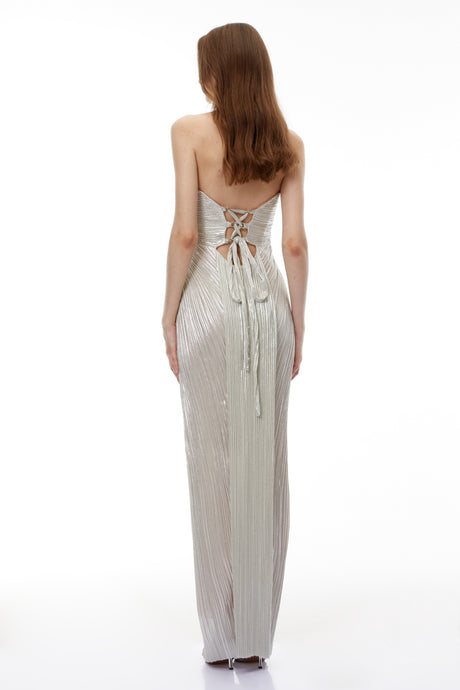 Aurohaya Xrystyna Silver Metallic Ruched Maxi Dress