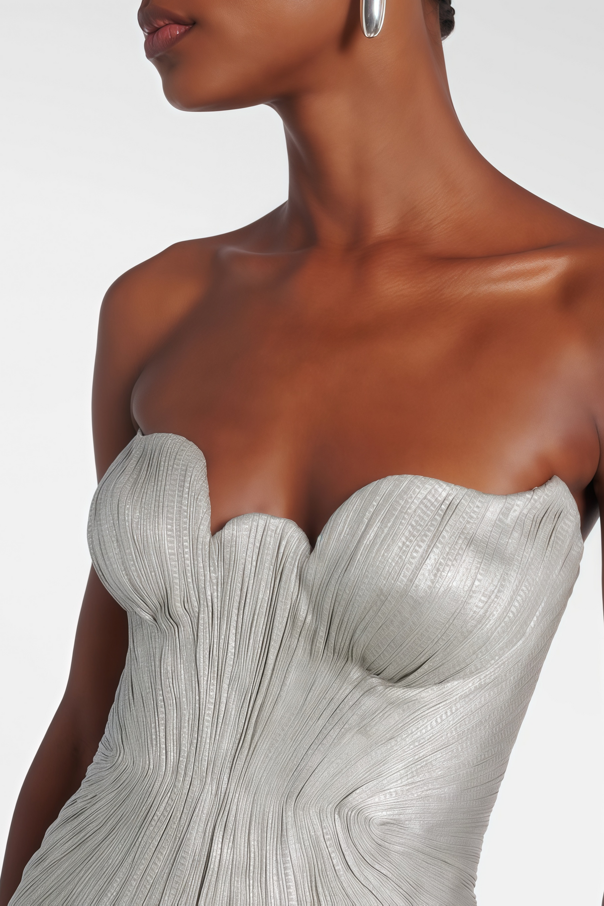 Aurohaya Xrystyna Silver Metallic Ruched Maxi Dress