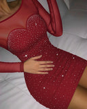 Rhinestone Decor Sweetheart Neck Sheer Mesh Spliced Mini Dress Mesh Long Sleeve Zipper Back Bodycon Dress