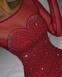 Rhinestone Decor Sweetheart Neck Sheer Mesh Spliced Mini Dress Mesh Long Sleeve Zipper Back Bodycon Dress