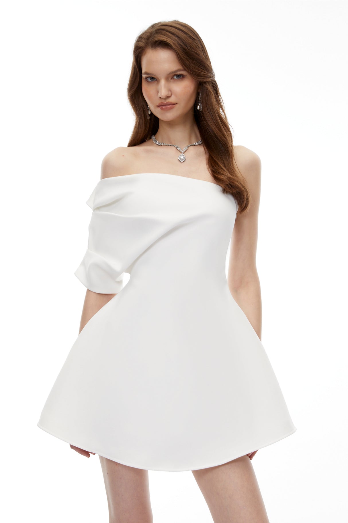 Aurohaya Yaffa White One Sleeve Asymmetrical Mini Dress