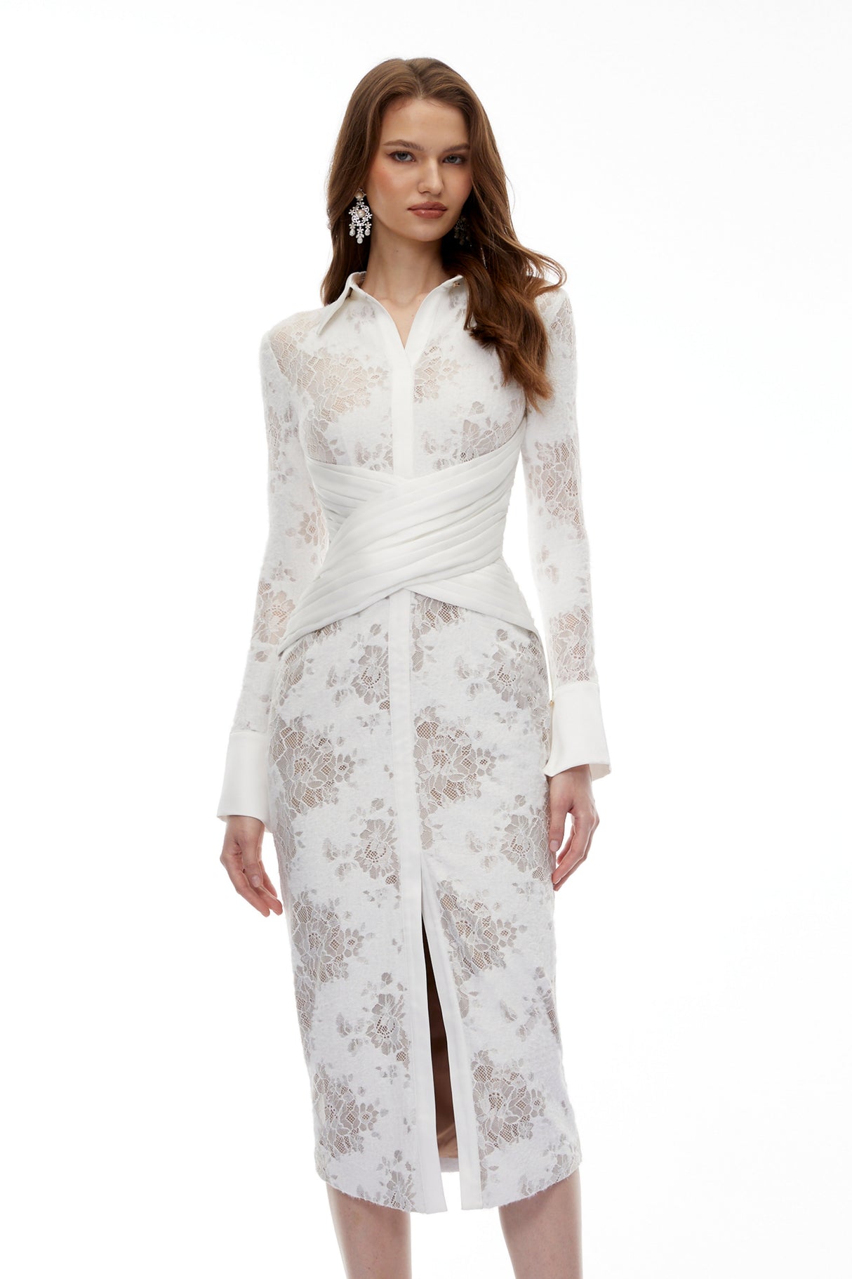 Aurohaya Yarden White Floral Lace Wrap Midi Dress