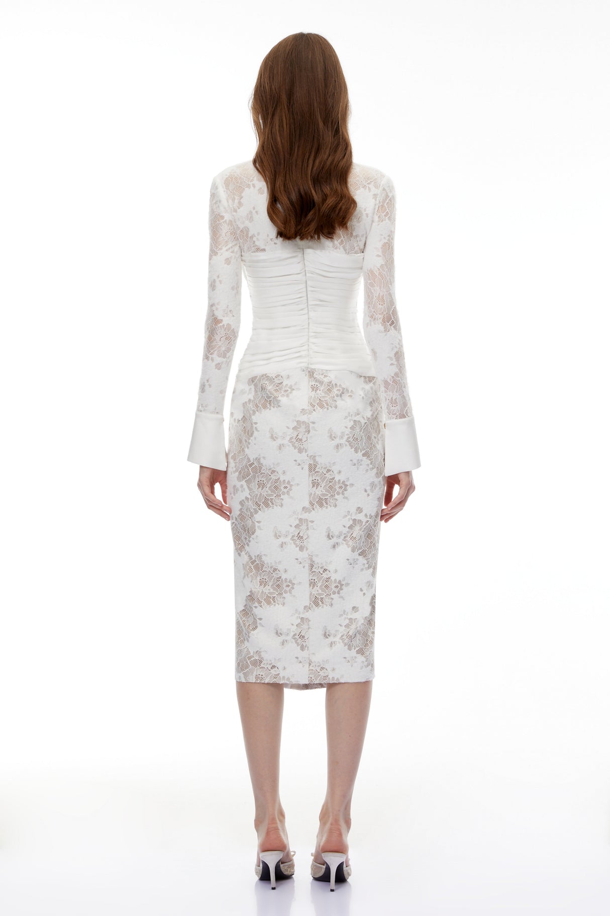 Aurohaya Yarden White Floral Lace Wrap Midi Dress