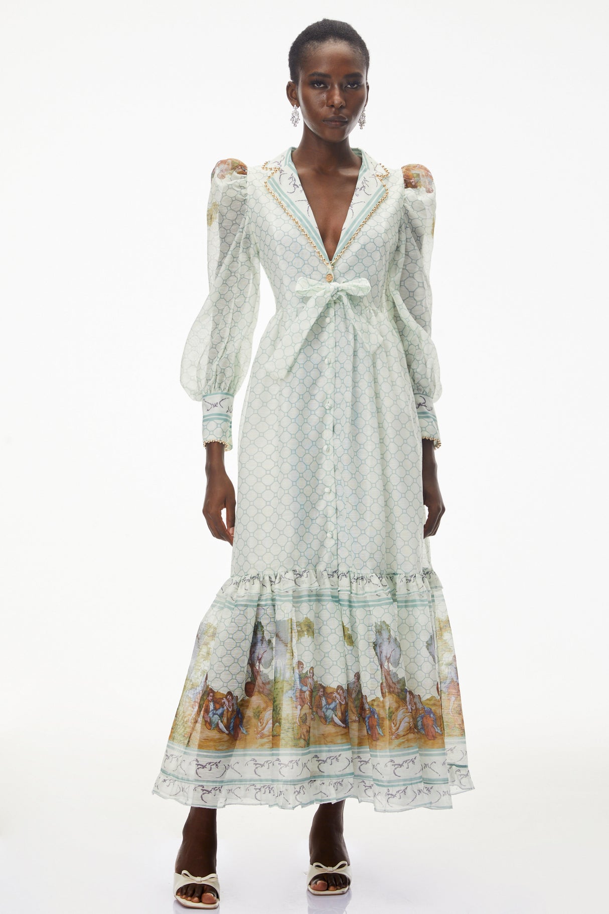 Aurohaya Yemaya Sage Green Plunge Neck Floral Maxi Dress