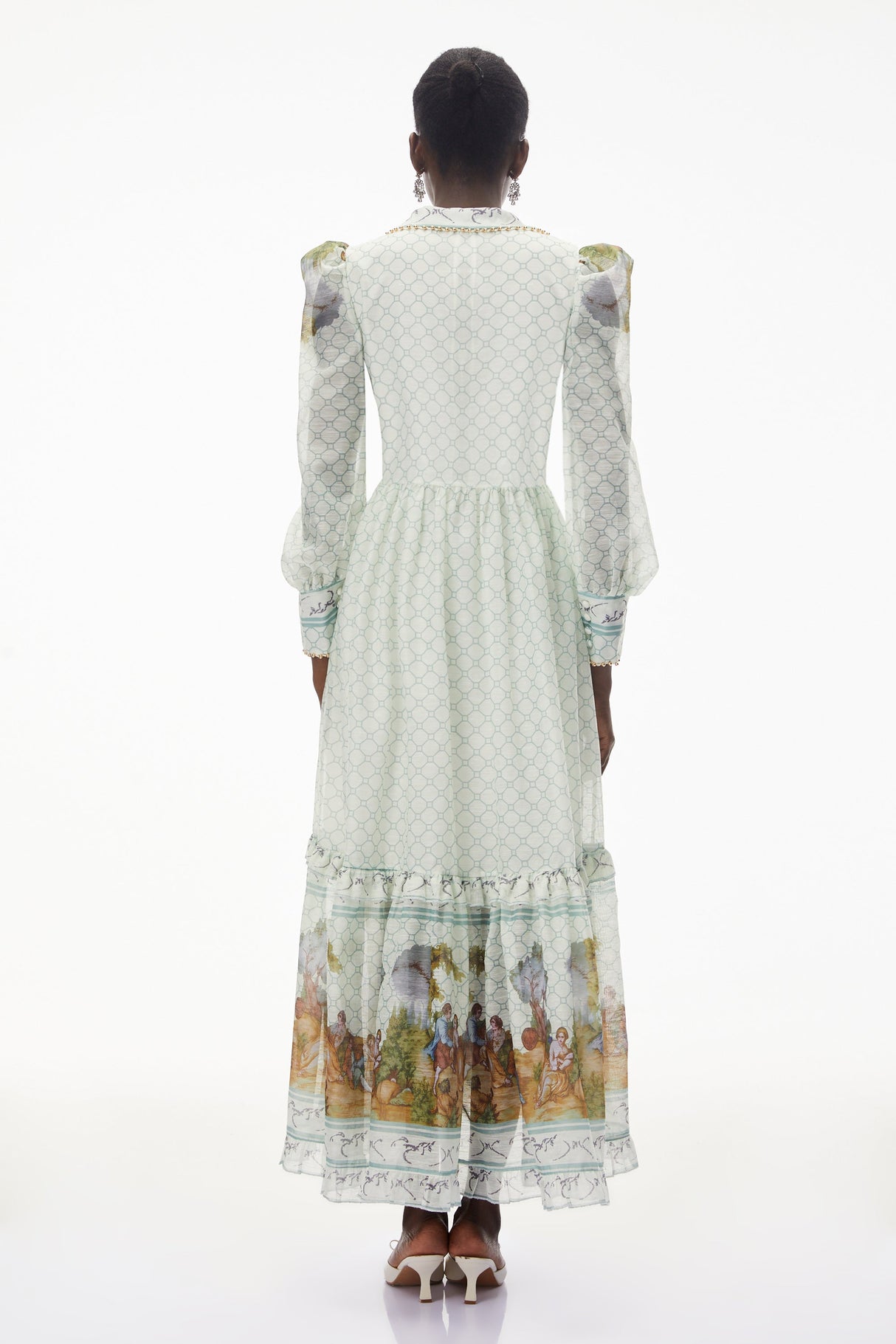 Aurohaya Yemaya Sage Green Plunge Neck Floral Maxi Dress