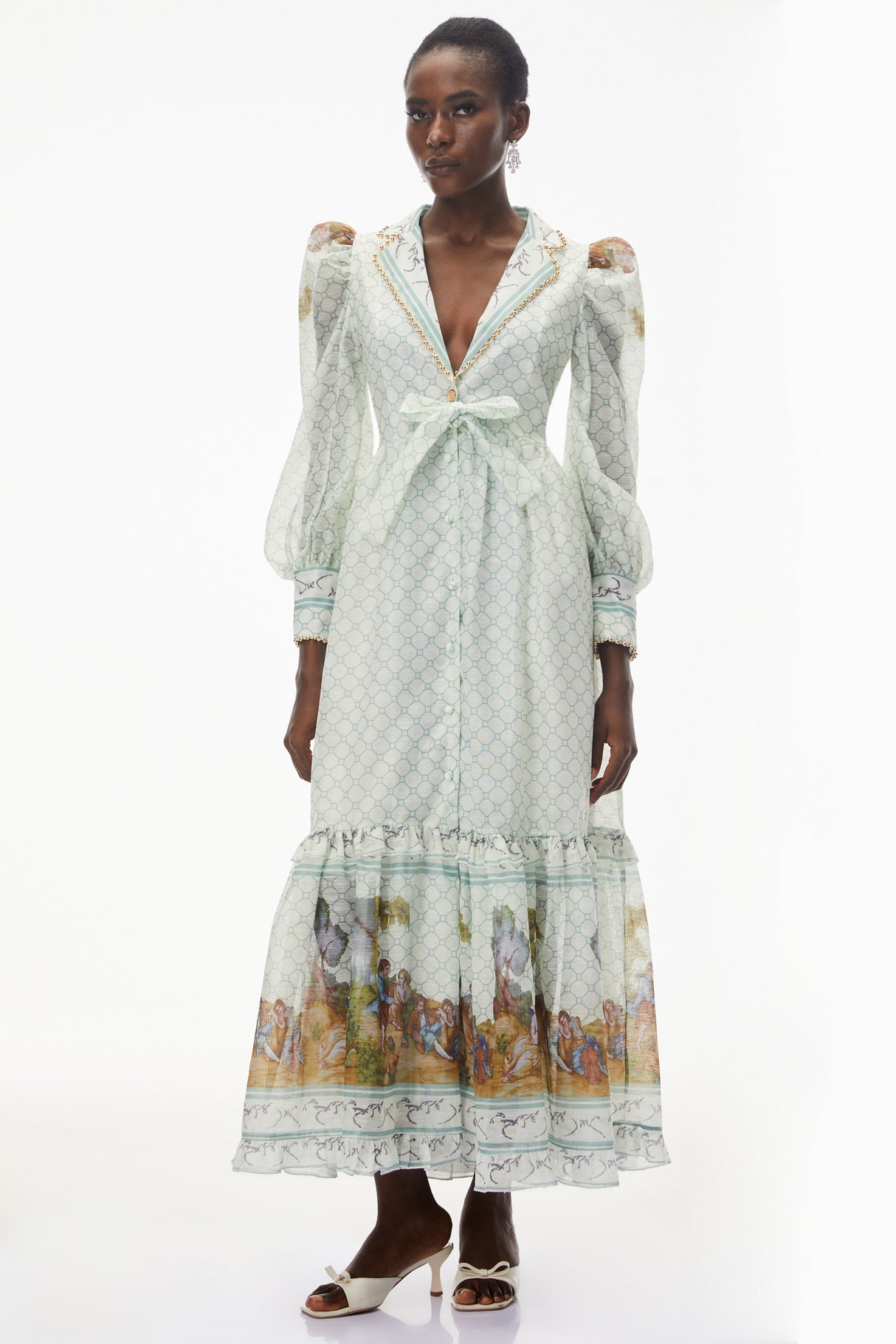 Aurohaya Yemaya Sage Green Plunge Neck Floral Maxi Dress