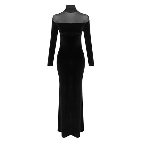Aurohaya Philomène Velvet Long Sleeve Evening Maxi Dress Black