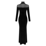 Aurohaya Philomène Velvet Long Sleeve Evening Maxi Dress Black