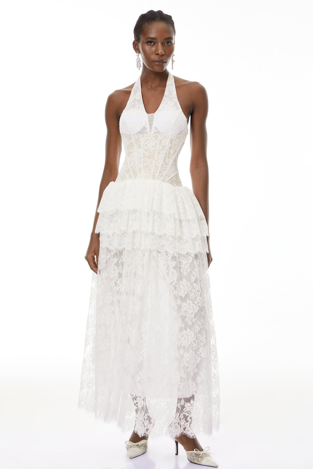 Aurohaya Yoliswa White Floral Appliqué Tiered Maxi Dress