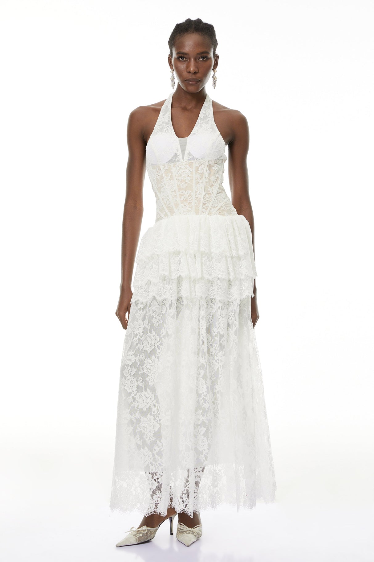Aurohaya Yoliswa White Floral Appliqué Tiered Maxi Dress