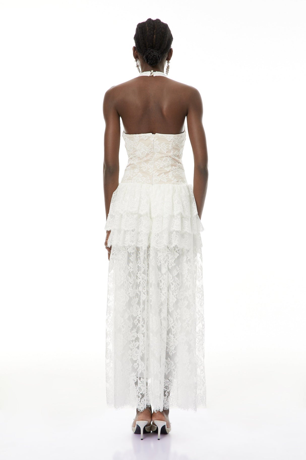 Aurohaya Yoliswa White Floral Appliqué Tiered Maxi Dress