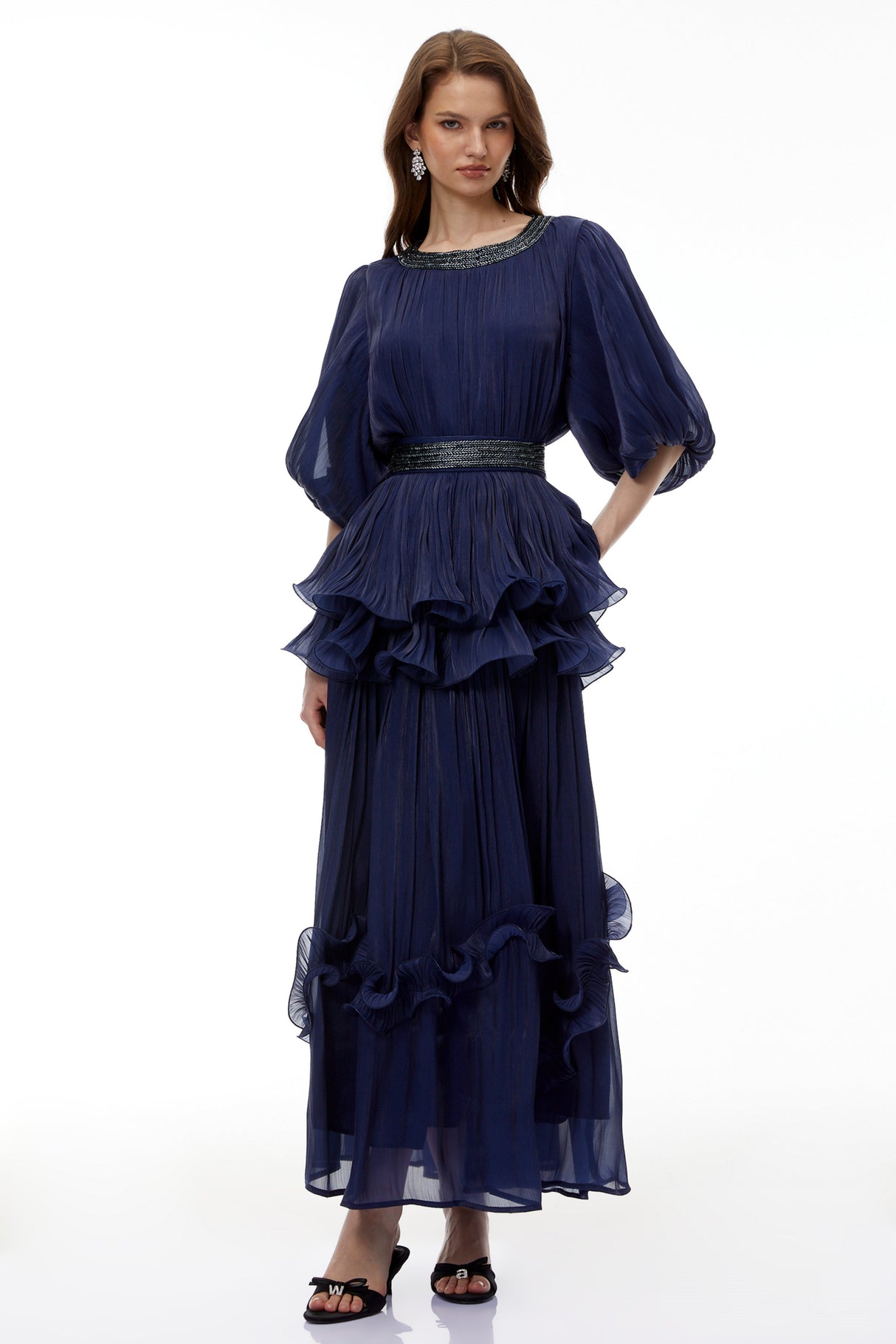 Aurohaya Yustyna Blue Embellished Pleated Maxi Dress