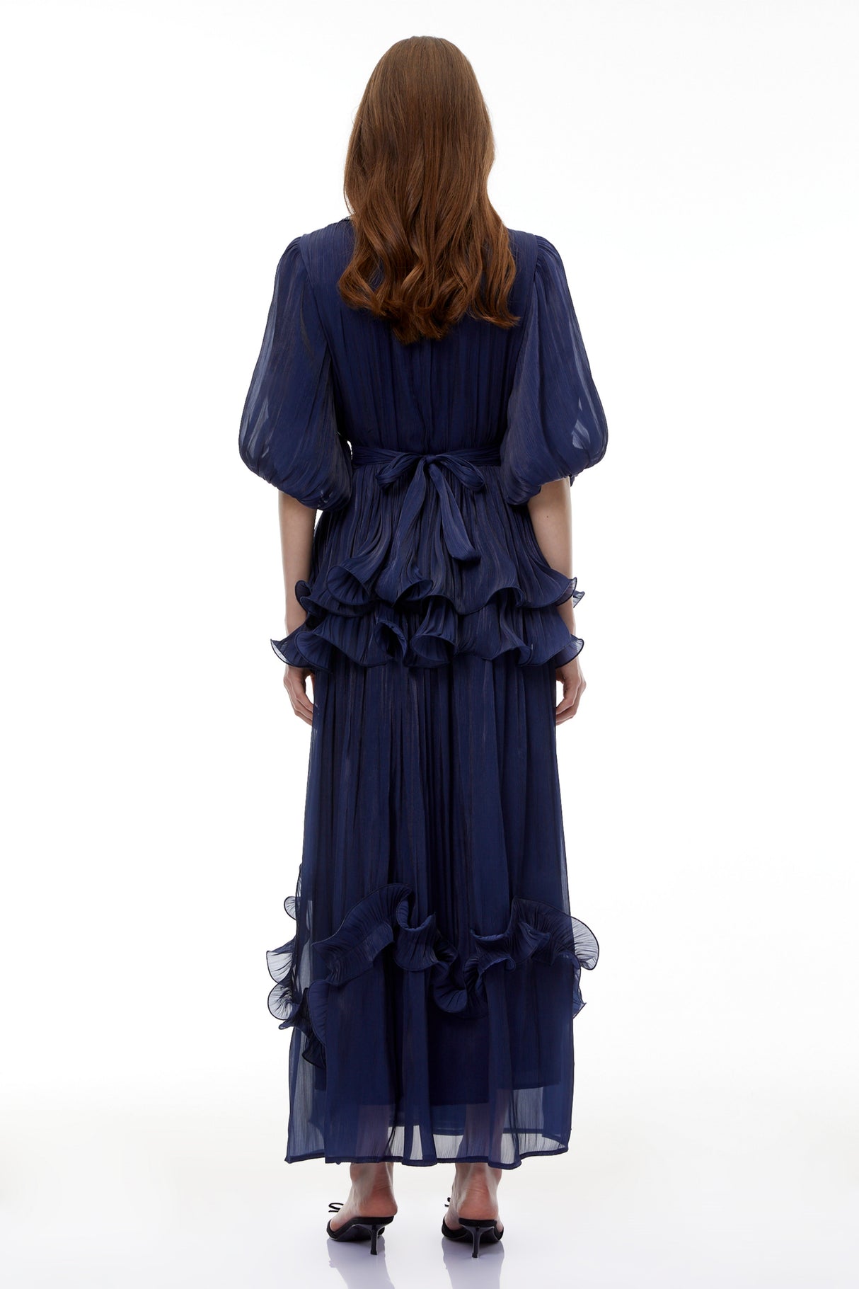 Aurohaya Yustyna Blue Embellished Pleated Maxi Dress