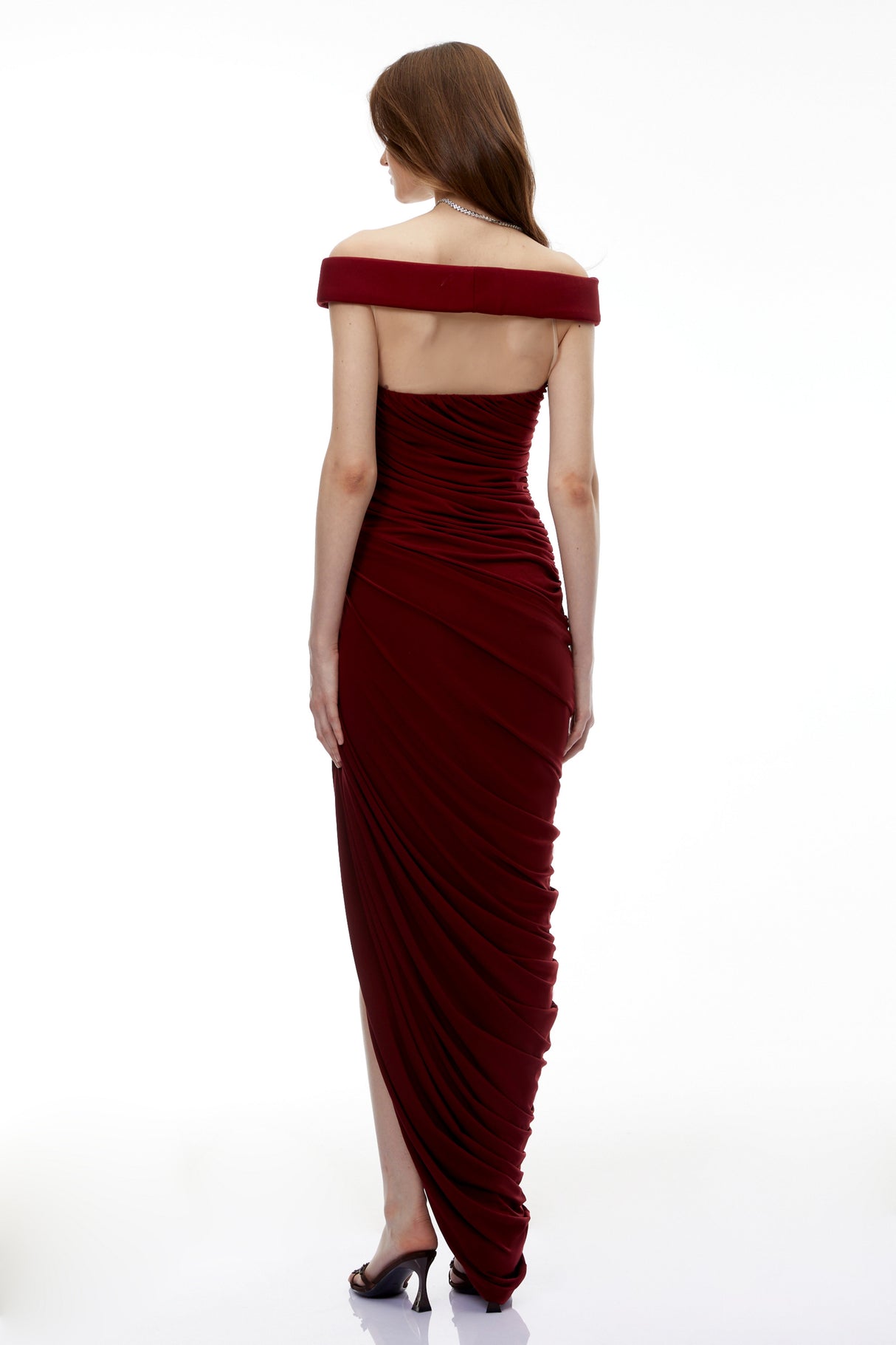 Aurohaya Zakiya Red Off Shoulder Ruched Maxi Dress
