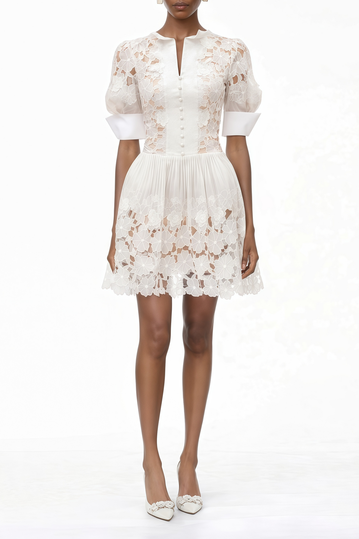 Aurohaya Zaria White Floral Appliqué Mini Dress with Cut-Outs