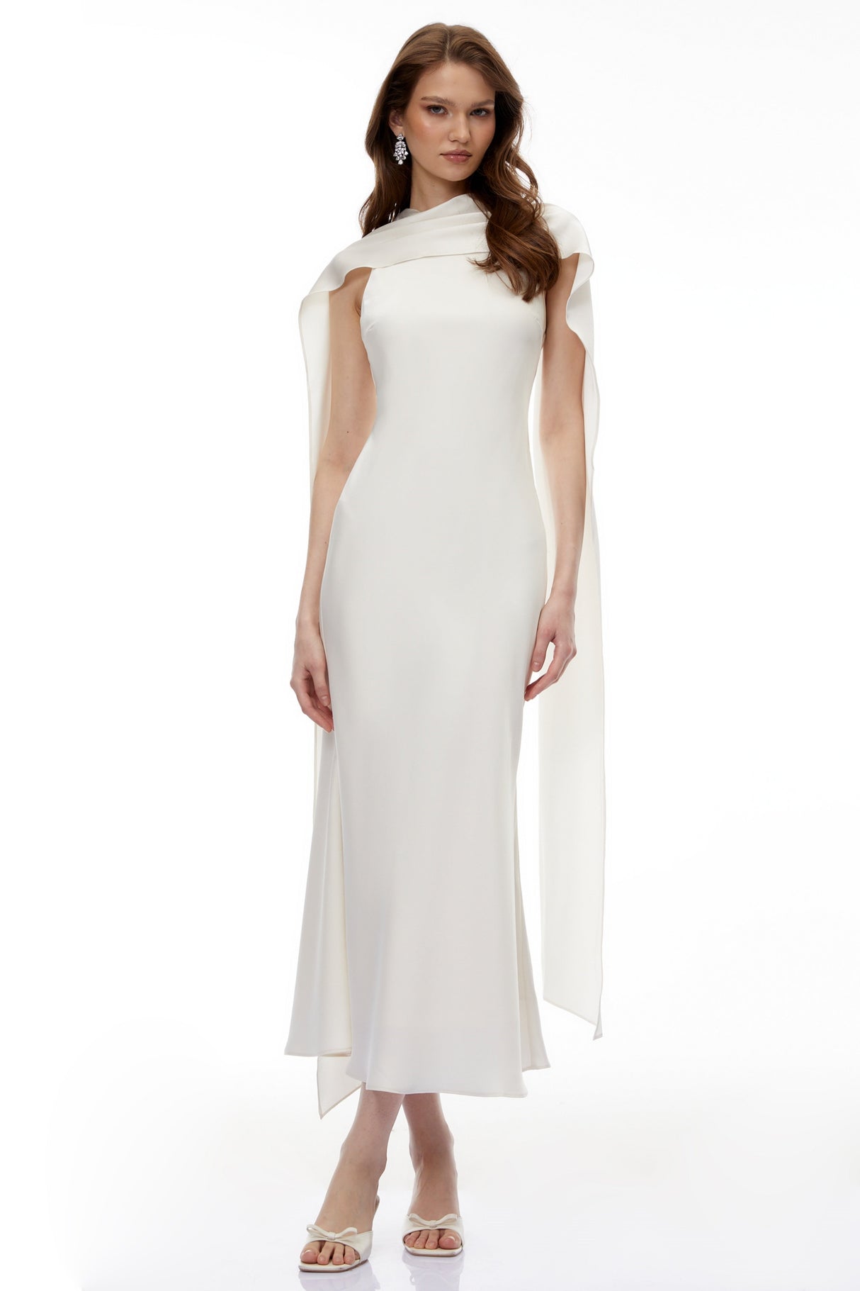 Aurohaya Zarrin Cream White Foldover Midi Dress