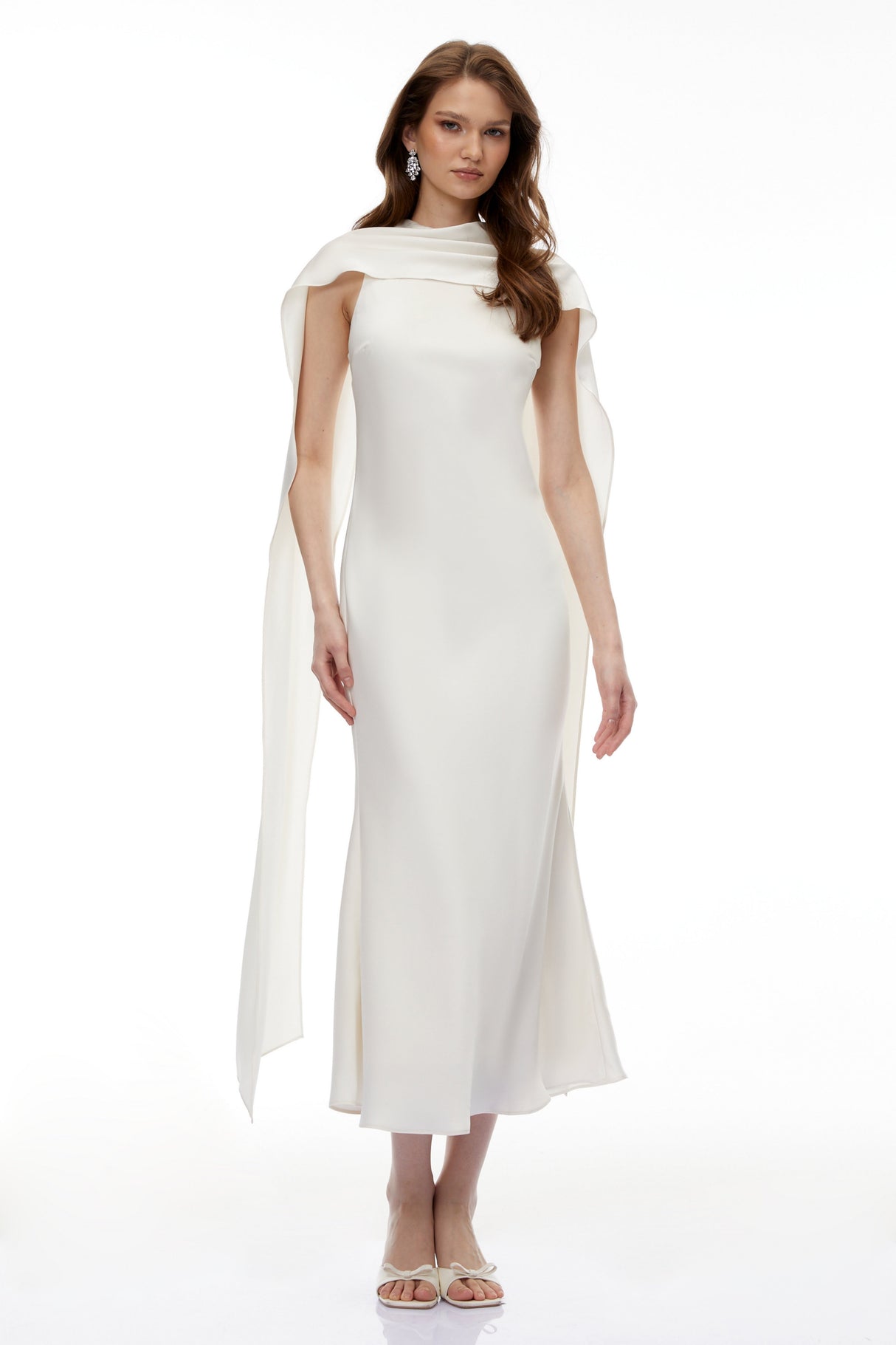 Aurohaya Zarrin Cream White Foldover Midi Dress