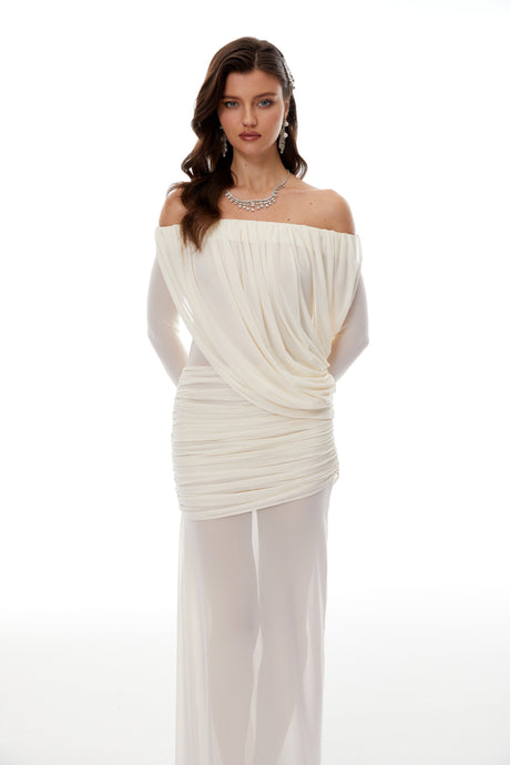 Aurohaya Zenobia White Asymmetrical Draped Mesh Maxi Dress