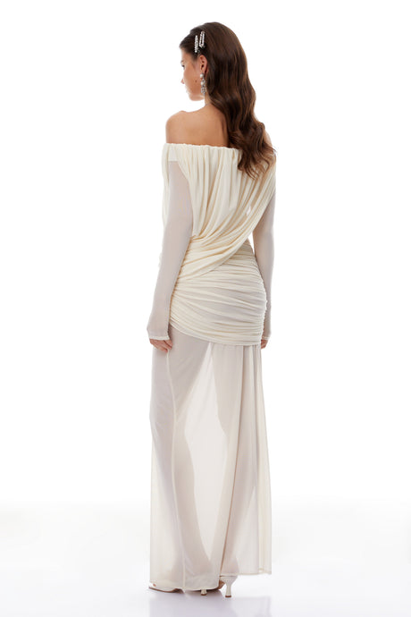Aurohaya Zenobia White Asymmetrical Draped Mesh Maxi Dress