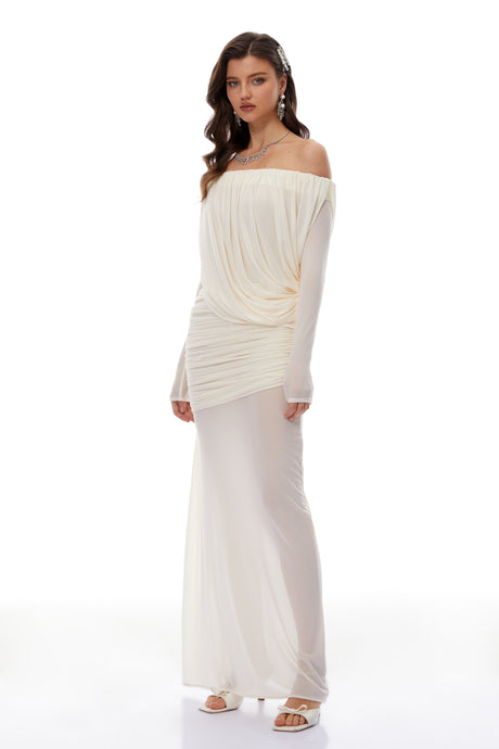 Aurohaya Zenobia White Asymmetrical Draped Mesh Maxi Dress