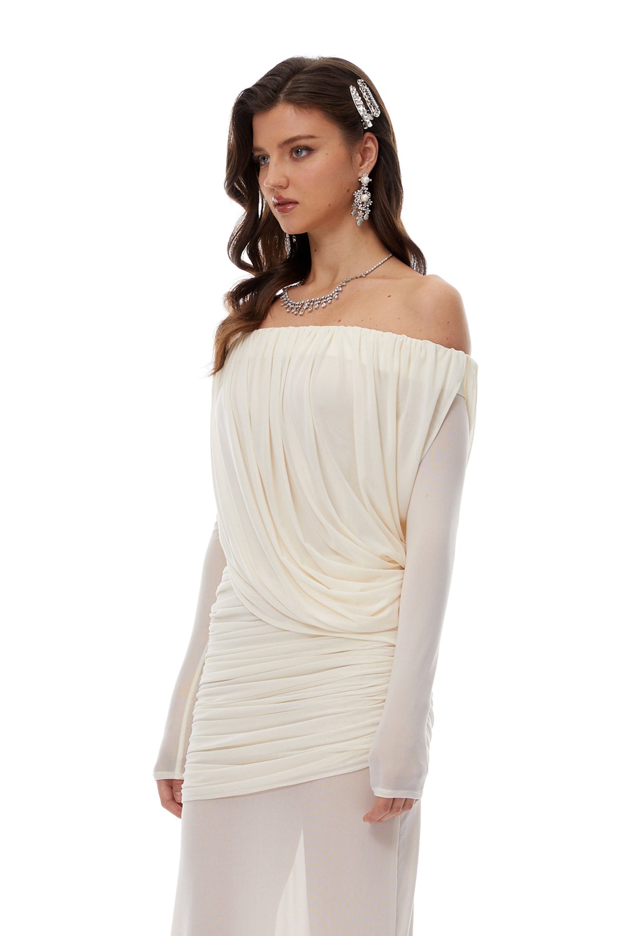 Aurohaya Zenobia White Asymmetrical Draped Mesh Maxi Dress