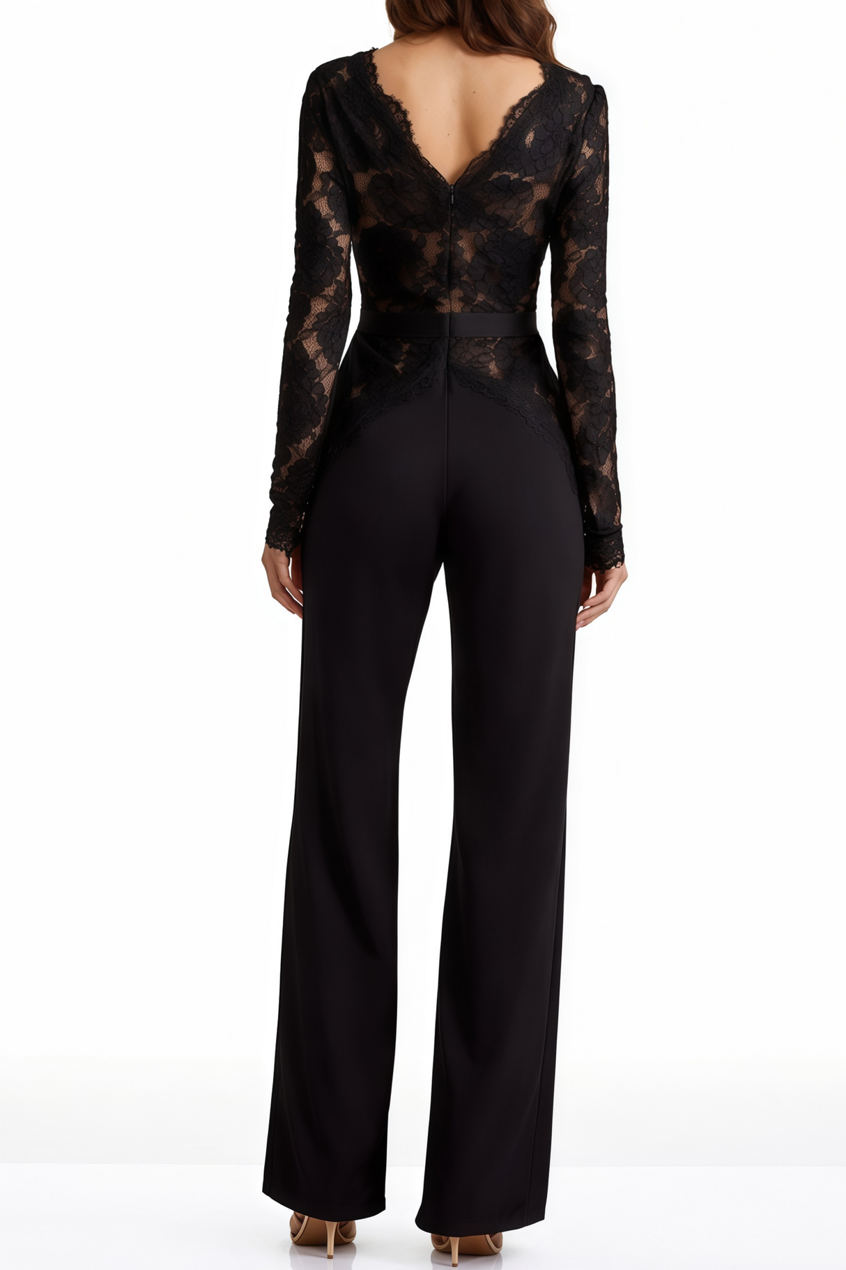 Aurohaya Zhadana Black Semi-Sheer Lace Panel Jumpsuit