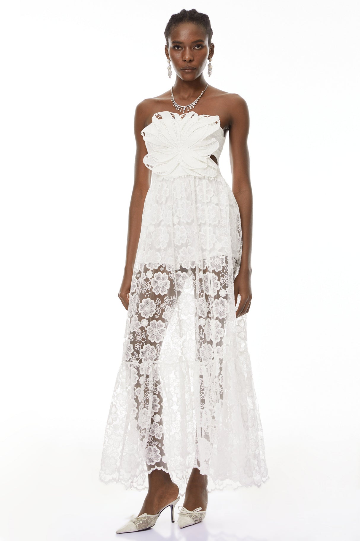 Aurohaya Zinhle White Cut-Out Floral Lace Maxi Dress