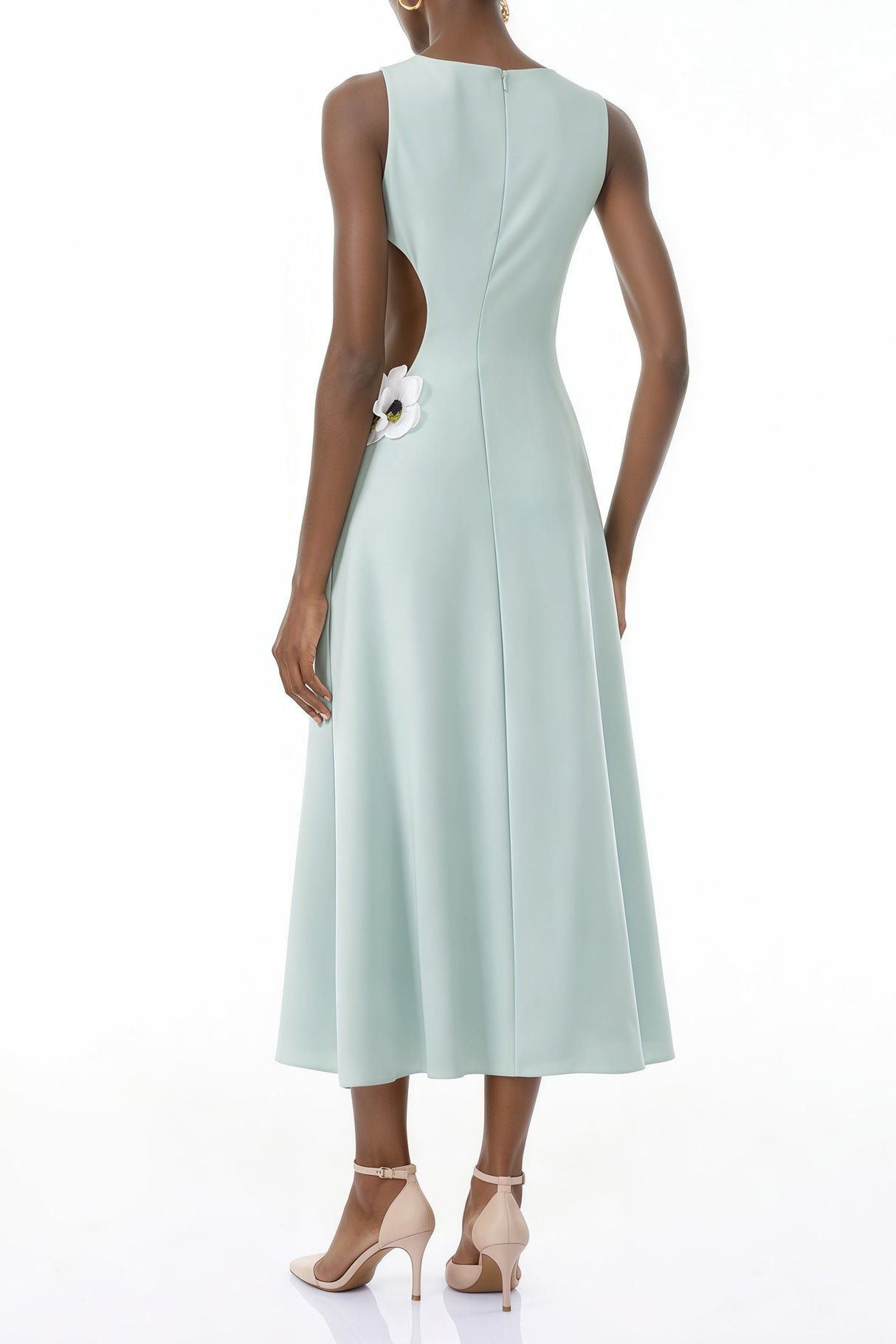 Aurohaya Zinnia Green Cut-Out Maxi Dress with 3D Petals