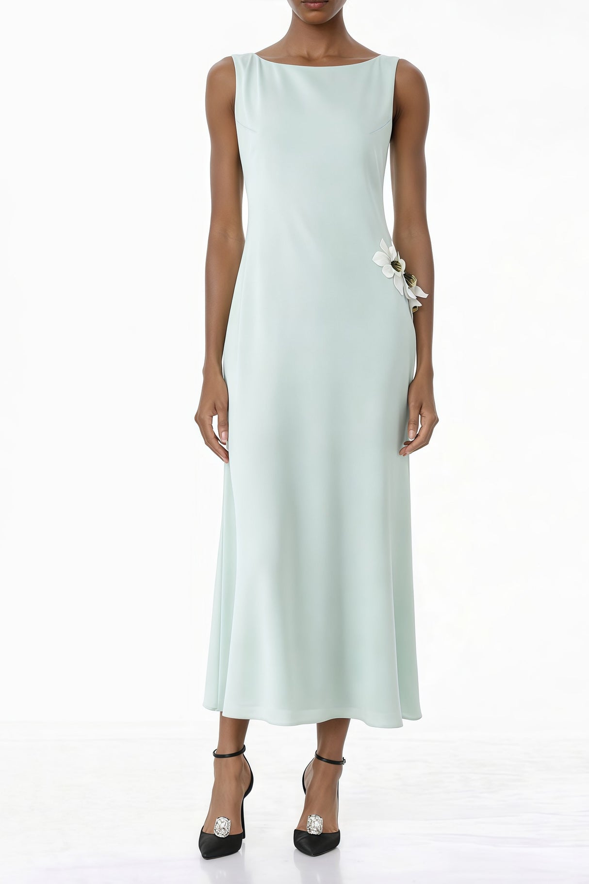 Aurohaya Zinnia Green Cut-Out Maxi Dress with 3D Petals