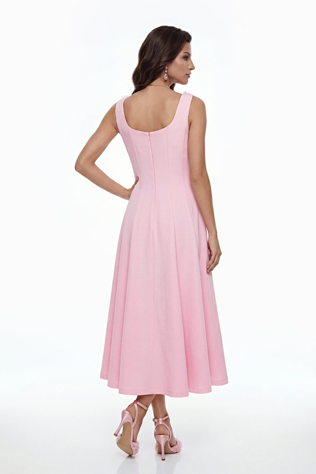 Aurohaya Zinnia Pink Pleated Midi Dress with 3D Petals