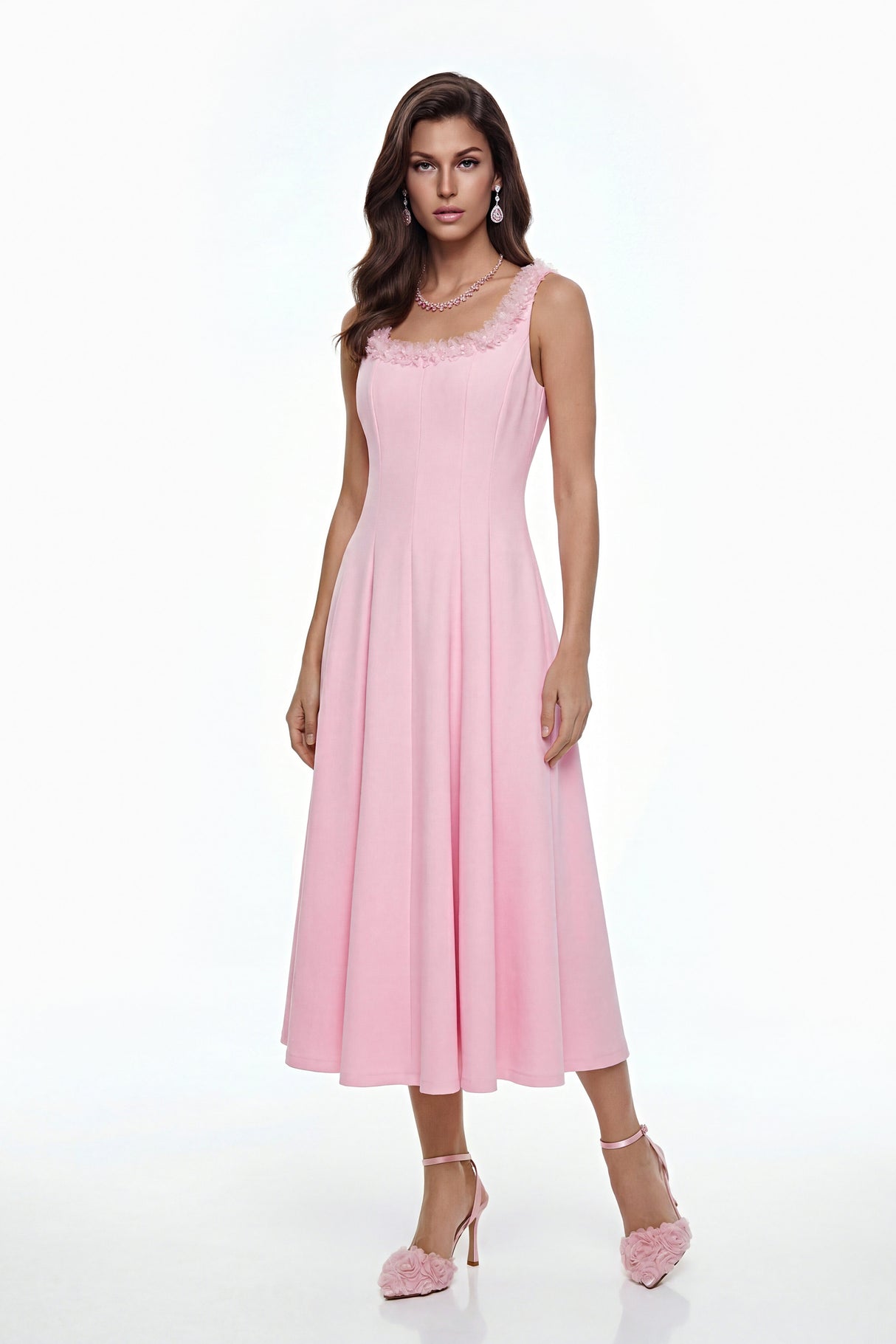Aurohaya Zinnia Pink Pleated Midi Dress with 3D Petals