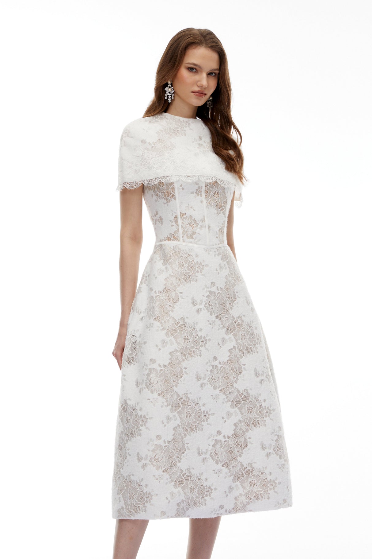 Aurohaya Zohar White Floral Lace Midi Dress with Cape