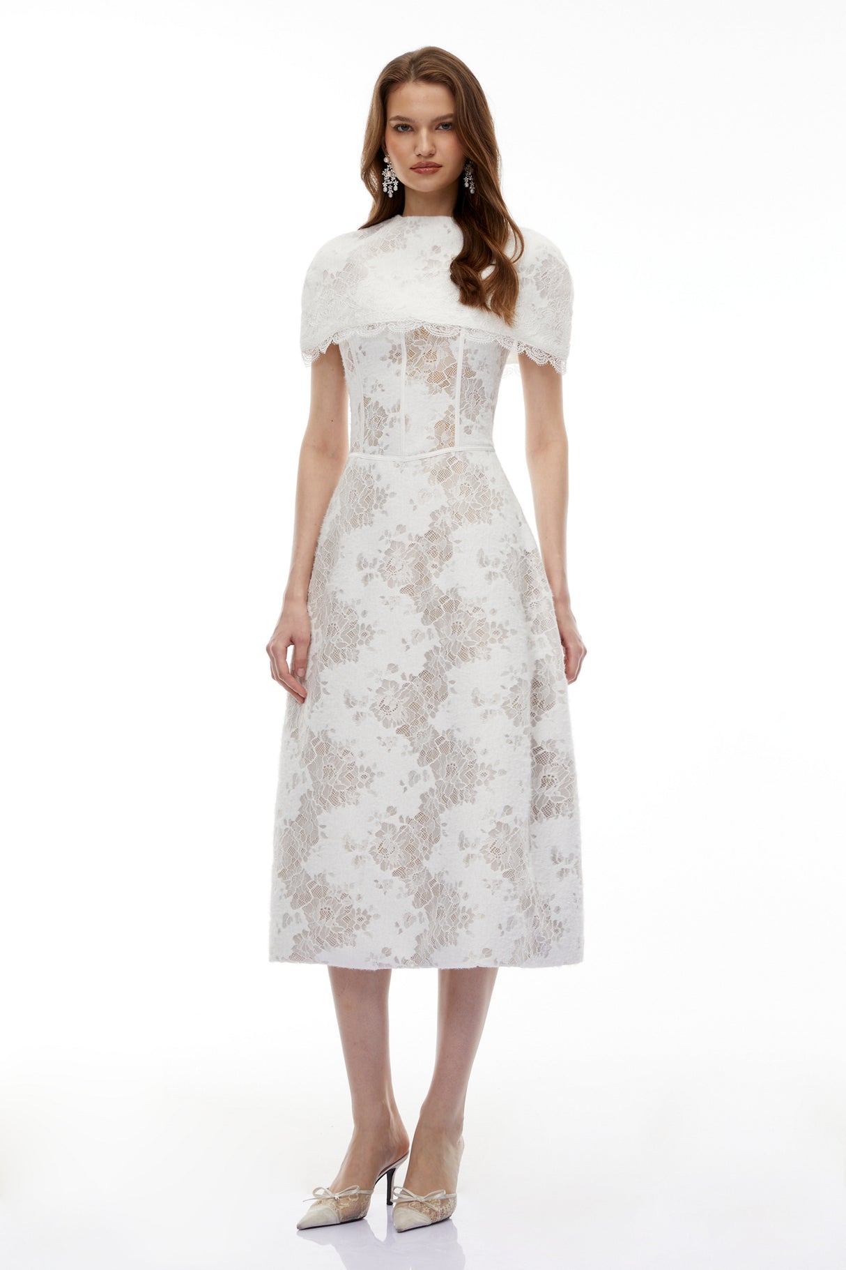 Aurohaya Zohar White Floral Lace Midi Dress with Cape