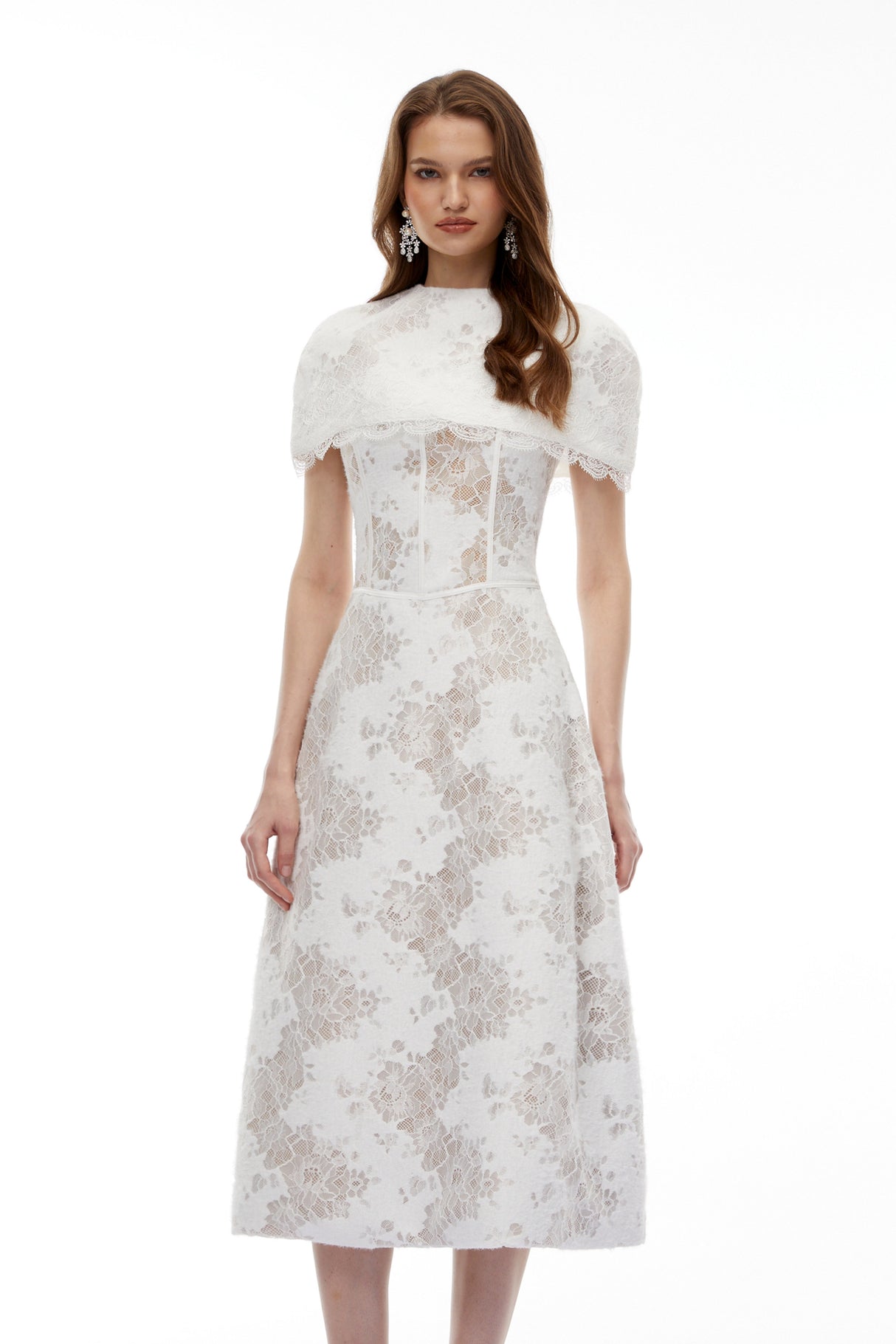Aurohaya Zohar White Floral Lace Midi Dress with Cape