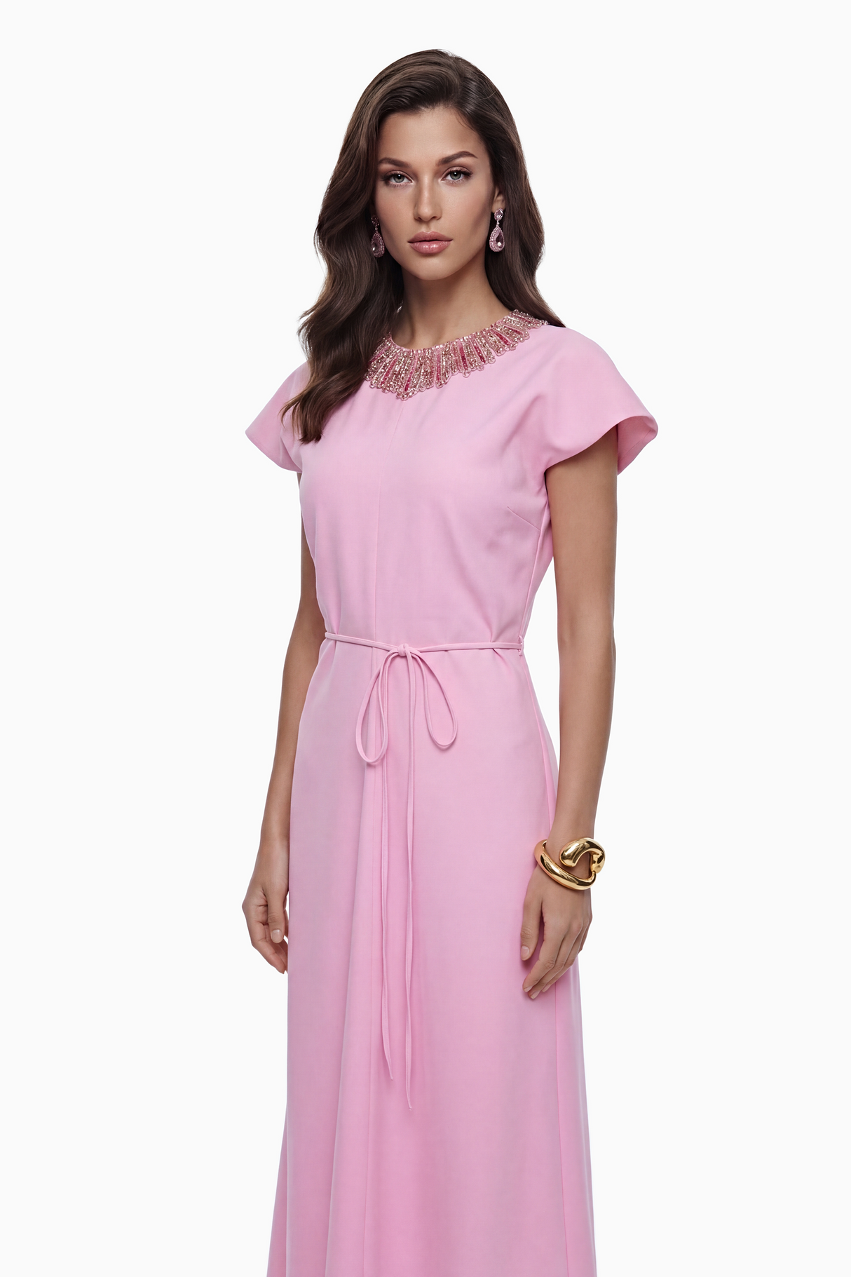 Aurohaya Zoraya Pink Crystal Embellished Maxi Dress