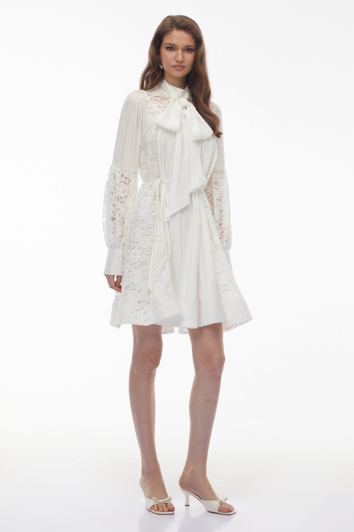 Aurohaya Zosime White Mini Dress with Floral Lace Panels