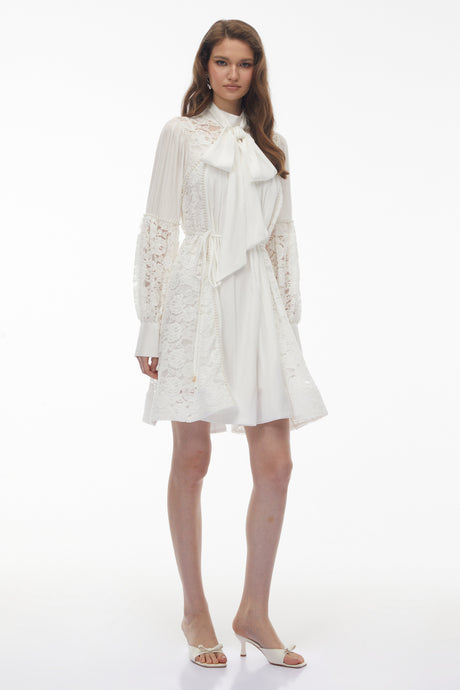 Aurohaya Zosime White Mini Dress with Floral Lace Panels