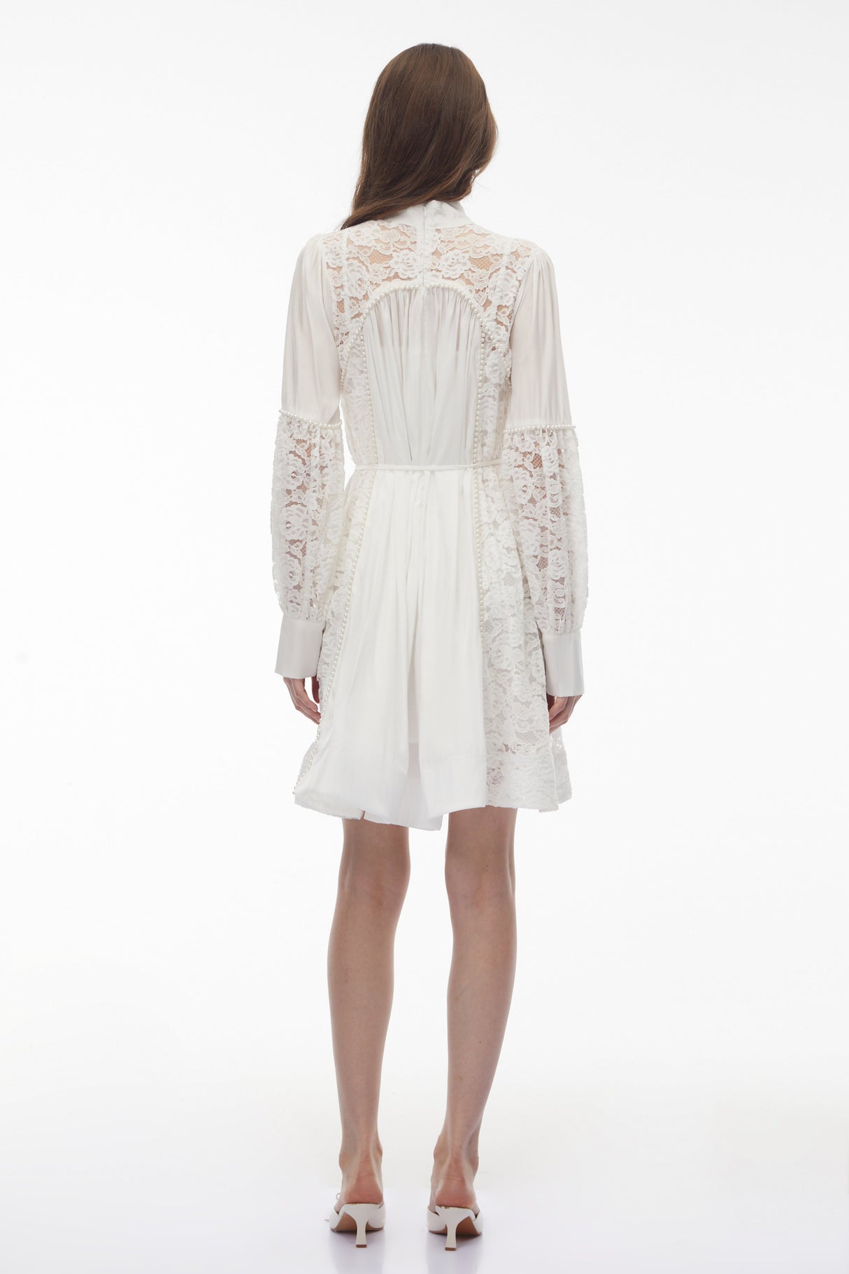 Aurohaya Zosime White Mini Dress with Floral Lace Panels