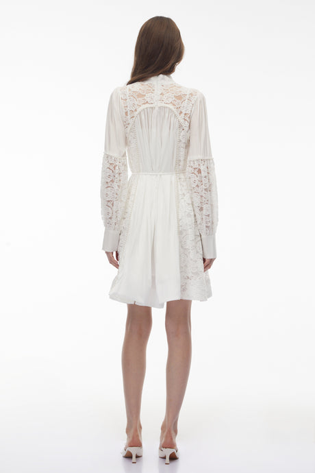 Aurohaya Zosime White Mini Dress with Floral Lace Panels
