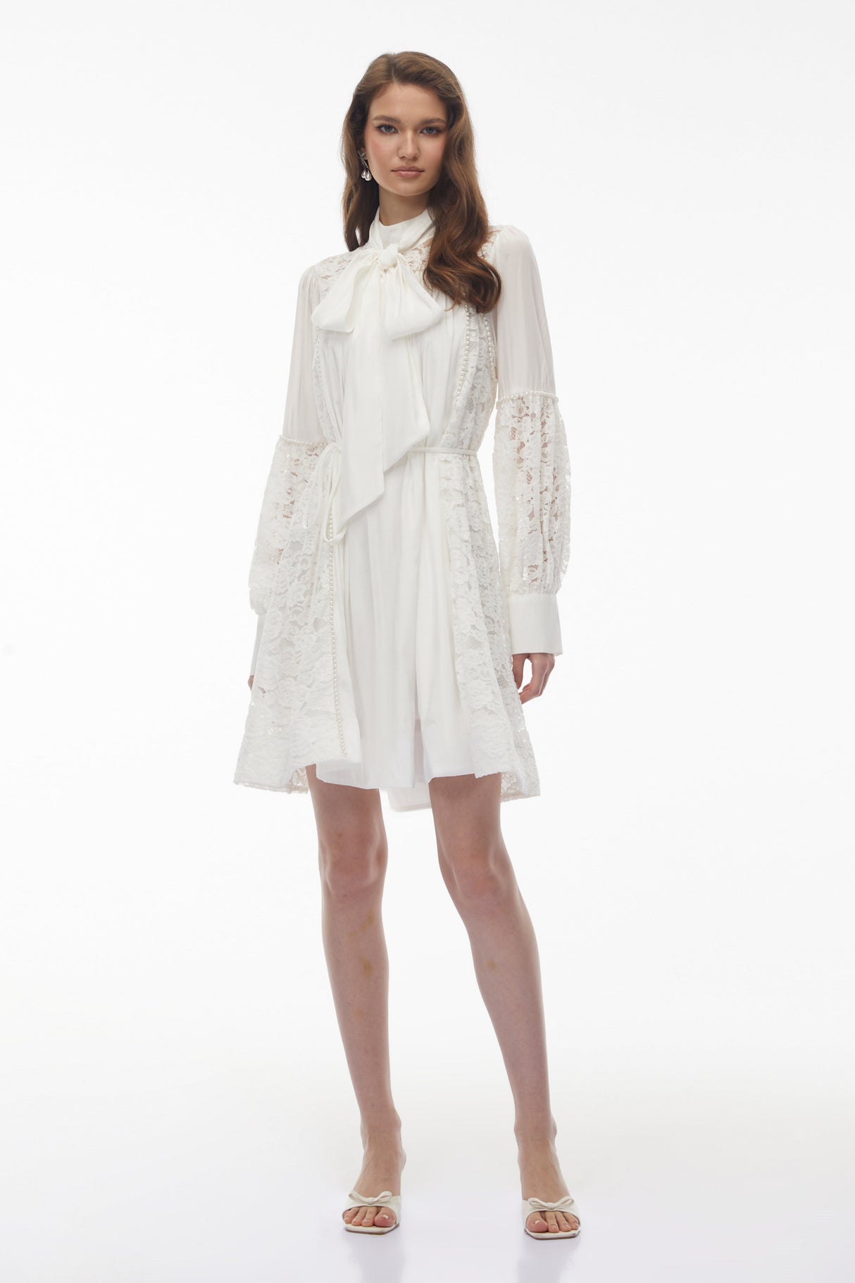 Aurohaya Zosime White Mini Dress with Floral Lace Panels