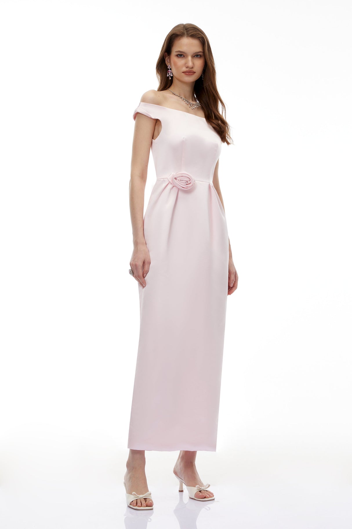 Aurohaya Zubayda Pink Off Shoulder Maxi Dress with 3D Petals
