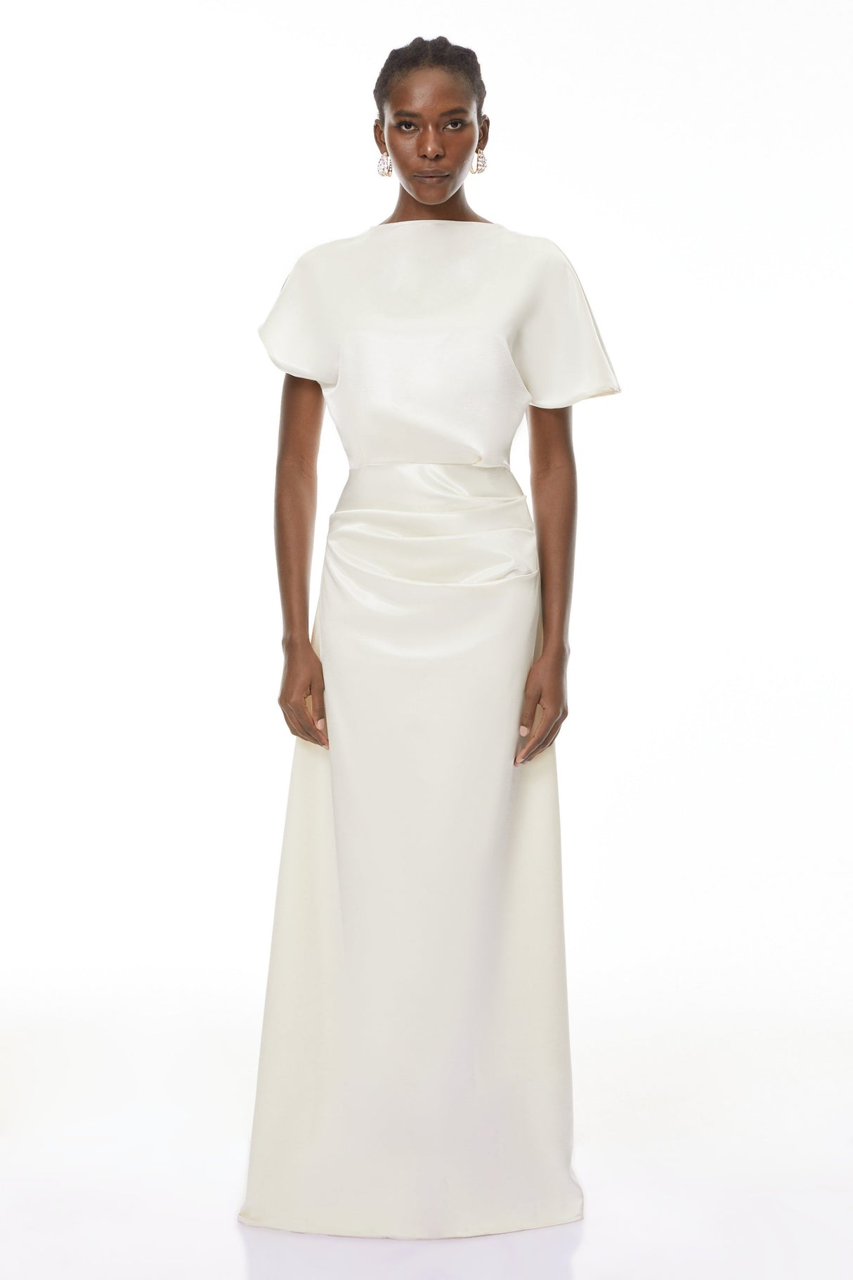 Aurohaya Zuzanna White Asymmetrical Glossy Maxi Dress