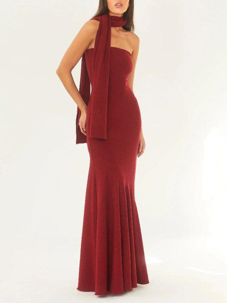 Aurohaya Fashion Strapless One Shoulder Fishtail Maxi Dress Red