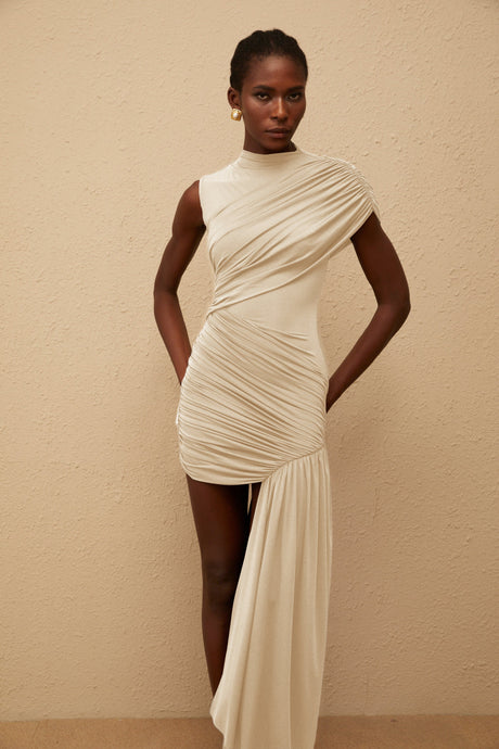 Aurohaya Fée Neutral Asymmetrical Ruched Mini Dress