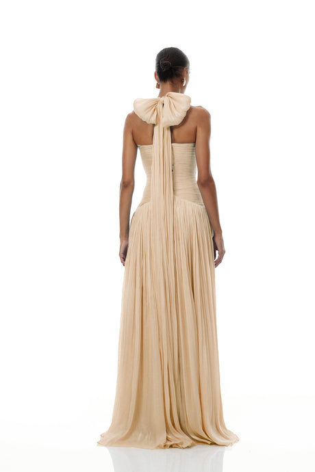 Aurohaya Térébenthine Neutral Glossy Gathered Maxi Dress