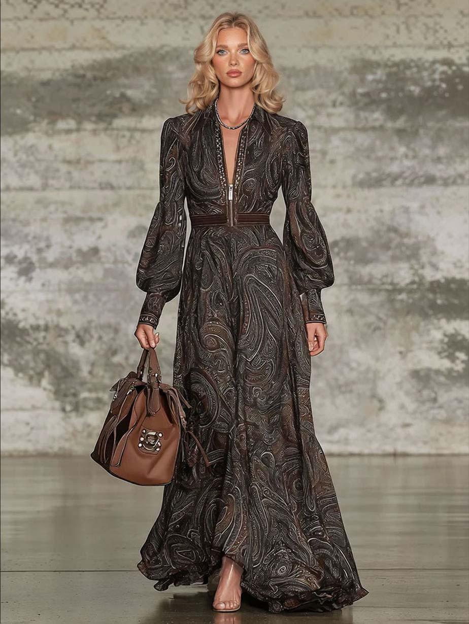 Aurohaya Retro Paisley Print Zipper Maxi Dress Multi