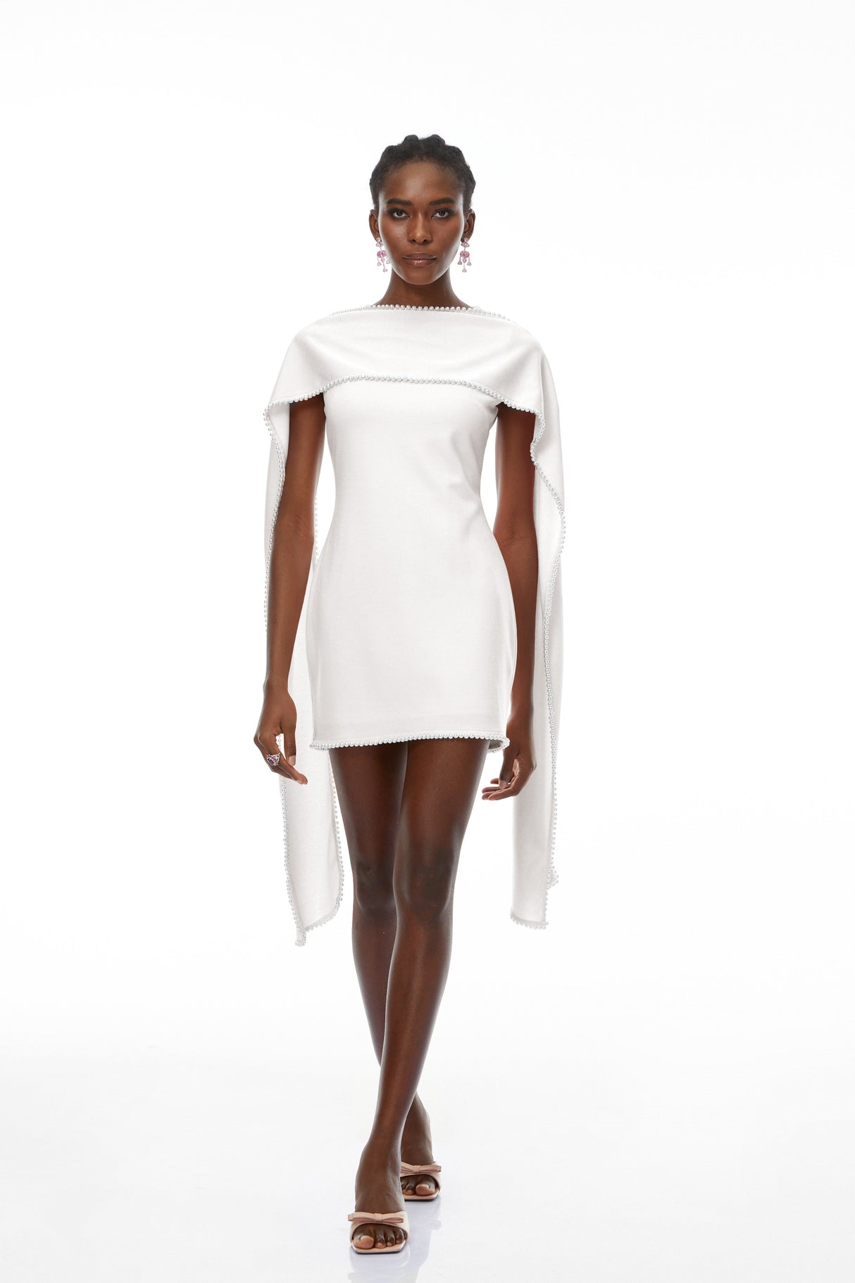 Aurohaya Piroska White Sleeveless Pearl Trim Mini Dress